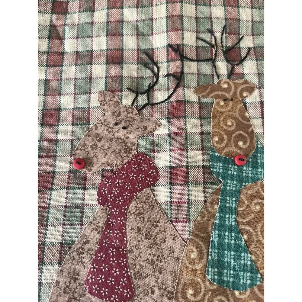 Vtg Hand Tea Towel Plaid Checkered Christmas Patchwork Handmade Reindeer